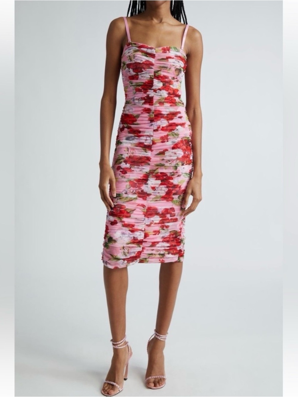 L’AGENCE Caprice Floral Ruched Mesh Midi Dress – Pink/Red Floral